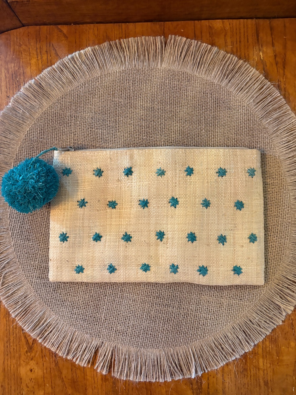 Mar Y Sol Raffia Clutch Natural Teal Embroidered Pom Pom Handmade Madagascar